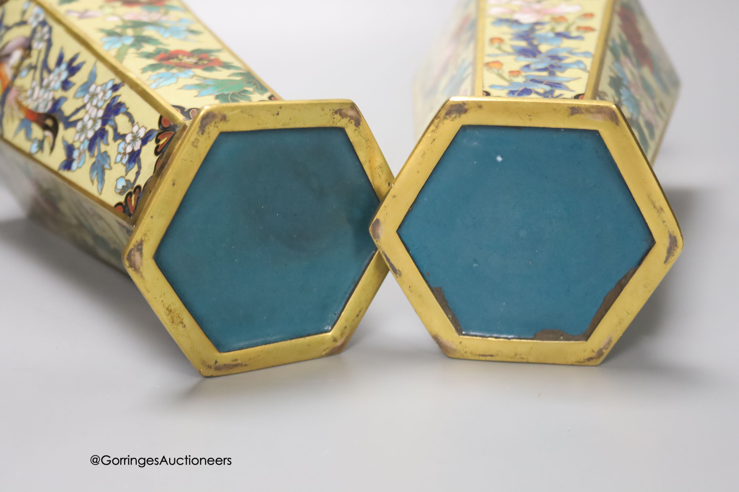 A pair of Chinese cloisonne enamelled hexagonal vases, 26cm